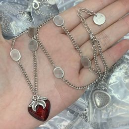 Cute Strawberry Pendant Silver Necklaces Designer Double Letter Chain Necklace Women Girls Clavicle Choker Statement Necklaces Jewellery Sweater Chain CGN2 --05