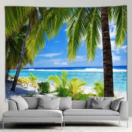 Tapestries Seaside Landscape Tapestry Outdoor Poster Beach Hawaii Coconut trees Island Simple Modern Style Wall Hanging Nature Mural Screen