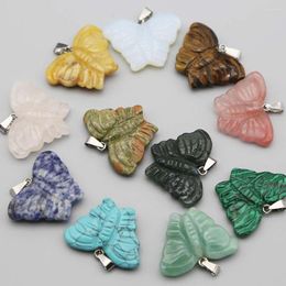 Pendant Necklaces Natural Stone Sculpture Carved Butterfly Necklace Fashion Beads Charms Jewellery Accessories Making Earring Wholesale 6Pcs