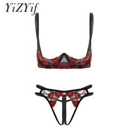 Sexy Set Womens Open Half Cups Bra G-string Set Bare Exposed Breasts Erotic Embroidery lace lingerie Sexy Bra Tops with Crotchless Thongs HKD230814