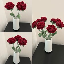 Decorative Flowers Finished Handmade Crochet Red Rose Flower Knitted Artificial Bouquet Home Wedding Party Decor