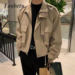 Men s Jackets 2023 Korean Men Motorcycle Jacket Autumn Fashion Apricot Solid Color Short Trench Coat All match Zipper Big Pockets Cardigan Top 230814