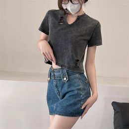 Women's T Shirts Summer Street All-match Washed Hole Short-sleeved T-shirt Tight V-neck Short Casual Women