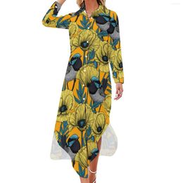 Casual Dresses Cute Birds Print Chiffon Dress Yellow Flower Elegant Aesthetic Female Sexy Custom Clothing Big Size 4XL 5XL