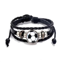 Sports Football Soccer Leather Bracelet Glass Cabochon Black Braided Rope Lace-up Bracelet Personality Idea Men Boy Jewelry Gift GC2255