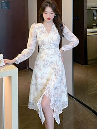 Casual Dresses Spring Fashion Female Vintage Printed Long Sleeve Chiffon Dress For Women Elegant Beach Holiday Party Vestidos