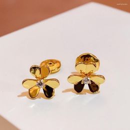 Stud Earrings Brand Pure 925 Sterling Silver Jewelry For Women Gold Color Flower Luck Clover Design Wedding Party Mini Cute Size