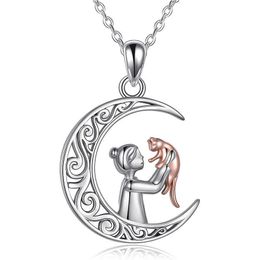 S925 Silver Necklace Moon Girl and Cat Split Colored Hollow Out Pendant Mother Gift