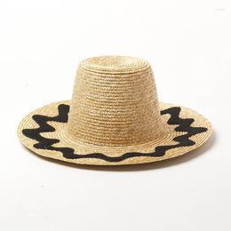 Wide Brim Hats X376 Retro Flat Top Wavy Patch Hat Straw Sun Screen Caps Summer For Women Panama Beach