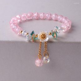 Charm Bracelets Korean Shell Daisy Crystal Beaded Bracelet For Elegant Ladies Elastic Adjustable Jewelry Party Anniversary Gifts