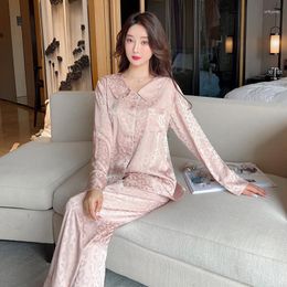 Women's Sleepwear Pink Female 2PCS Pyjamas Set Spring Summer Silky Satin Lingerie Long Sleeve Trouser Pijamas Suit Loose Home Clothes