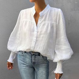 Women's Blouses European And American Women Clothing French Retro Solid Color V-Neck Casual Long-Sleeved Top Loose Lantern Sleeve Elegant