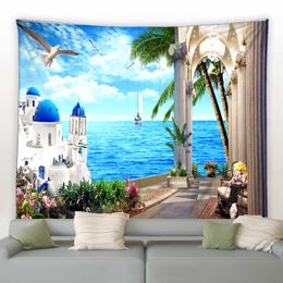 Tapestries Multi Pattern Outside The Window Sea Side Scenery Ocean Background Wall Hanging Print Tapestry Room Decor Home Bedroom Blanket
