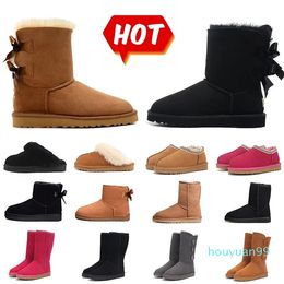 Designer Women Leather Boots Comfy Australia Snow Booties Suede Sheepskin Short Mini Bow Khaki Black White Pink Navy Outdoor Cotton Boots Woolen Boots