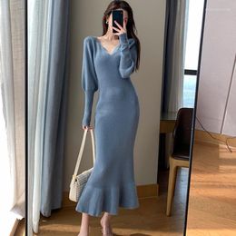 Casual Dresses Fashion Ladies Knitted Sweater Bodycon Mermaid Dress 2023 Autumn Vintage Elegant Women Long Sleeve Slim Party Vestidos