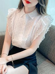 Women's Blouses Women Summer Elegant Ruffles Sleeveless French Vintage Lace Hollow Out Embroidery Shirts Sweet Tops Sexy Pullover Tunic