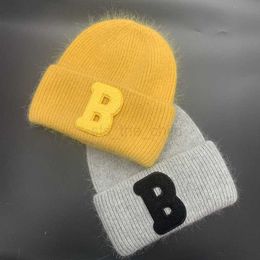 Beanie/Skull Caps Real Rabbit Fur Women's Knitted Hat Trendy Letter B Winter Hats Warm Beanie Bonnet Outdoor Lady Wool Skullies Beanies Caps