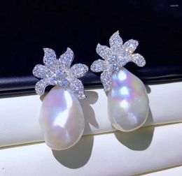 Stud Earrings Baroque Natural Fresh Water Pearl Earring Big 925 Sterling Silver With Cubic Zircon Flower Fine Women Jewellery
