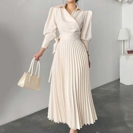 Vestidos casuais manga longa cintura alta primavera luxo de outono vestido plissout feminino festa de linha elegante vintage maxi