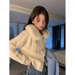 Women's Sweaters White Short Twist Knitted Cardigan For Women Autumn And Winter Slimming Versatile Retro Lazy Gentle Style Fur Collar