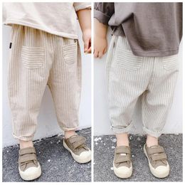 Trousers Spring Summer Kids Casual Cotton Striped Children Harem Pants Pure Color Baby Boys Girls Pockets Clothes 230812