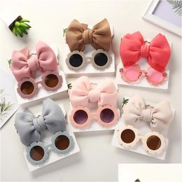 Hair Accessories 2Pcs/Set Puff Bow Baby Headband Sunglasses Flower Uv400 Sun Glasses Elastic Nylon Hairbands Seaside Headdress Drop Dh0Or