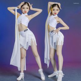 Stage Wear White Floating Sleeves Latin Top Fringed Skirt Girls Dance Competition Costume Kids Performance Dancewear SL8857