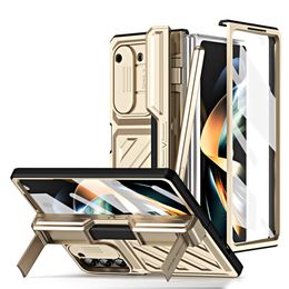 Luxury Plating Slider Vogue Phone Case for Samsung Galaxy Folding Z Fold5 Fold4 5G Invisible Bracket Membrane Hinge Protection Fold Shell with Hidden Pen Slot Holder