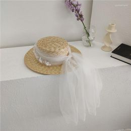 Headpieces French Retro Bridal White Beaded Mesh Straw Hat Women's Summer With Wedding Veil For Bride Chapeau Ceremonie Mariage