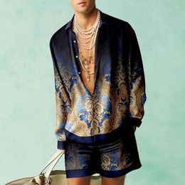 Men's Tracksuits Summer Long Sleeve Set Vintage Printed Hawaiian Beach Shirt Two-piece Street Casual Top Trendy Clothing