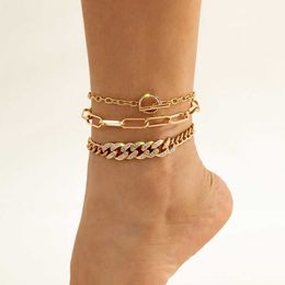 Hot 3pcs Set Bling Iced Out Rhinestone Cuban Link Anklet for Women Vintage Gold Colour Ot Buckle Foot Jewellery 230719