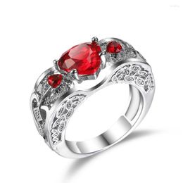 Wedding Rings Cute Red Stone Heart Fashion Hollow Full Paving Micro Mosaic White Zircon Jewellery For Women Lover Engagement Gift