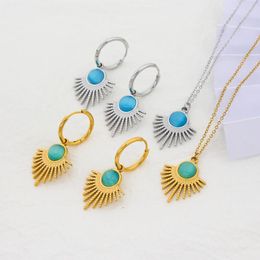 Necklace Earrings Set Emo Sharp Stainless Steel Jewellery Sky Blue Natural Stone Inlaid Hoop For Women