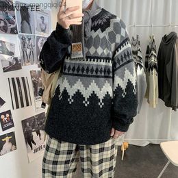 Men's Sweaters Men's loose fitting sweater with retro design Argyle knitted handle daily full matching round neck Harajuku winter comfort soft and jumper Z230815