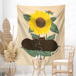 Tapestries Sunflower Black Cat Tapestry Wall Hanging Flower Room Decor Cute Children Room Wall Art Aesthetic Room Decor