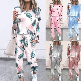 Women's Two Piece Pants Fashion Solid Tie-Dyed Long Sleeve Top & Tied Casual Suit