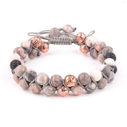 Strand Natural Stone Pink Zebra Jasper Double Layer Beaded Braided Bracelet Women Men Adjustable Handmade Yoga Healing Rope Jewellery