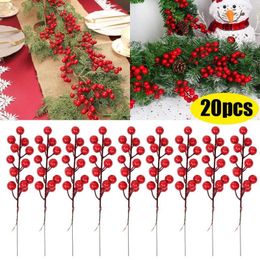 Decorative Flowers 20/1pcs Artificial Red Berries 14 Head Fake Holly Berry Branch Christmas Wreath Ornament DIY Home Party Xmas Tree