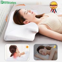 Pillow Purenlatex 14cm Contour Memory Foam Cervical Pillow Orthopaedic Neck Pain Pillow for Side Back Stomach Sleeper Remedial Pillows 230812
