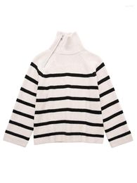 Women's Sweaters YENKYE Women Asymmetric Zippered Striped Knit Sweater Vintage Long Sleeve Female Winter Turtleneck Jumper Loose Pullovers