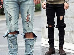 Wholesale-Mens Ripped Skinny Straight Slim Elastic Denim Fit Biker Jeans Pants Long Pants Stylish Straight Slim Fit Jeans T230814