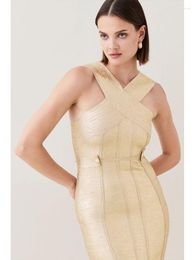 Casual Dresses Sexy Sleeveless Button Midi Bandage Dress Elegant Gold Sliver Off Shoulder Bodycon Rayon Evening Club Party