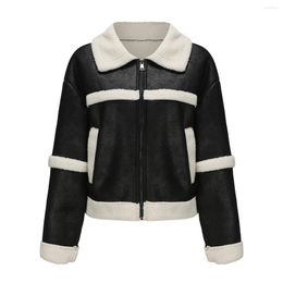 Women's Leather In Fashion Warm Black Suede Jacket Women Autumn Winter Clothes 2023 Polar Fleece Patchwork Outerwears Casual Coats
