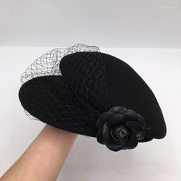 Berets 202306-shi-flower Mesh Cover Face Grace France Style Autumn Winter Wool Felt Lady Octagonal Hat Women Visors Cap