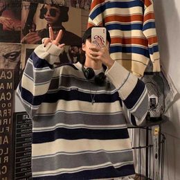 Men's Sweaters Men's Pullover Sweater Stripes Extra Large Harajuku Couple Long Sleeves Lazy and Unique Korean Knitted Daily Full Matching Street Jumper Z230814