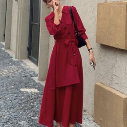 Casual Dresses Burgundy Long-sleeved Fashion Dress Women 2023 Spring Autumn French Style Niche Design Temperament Waist-knee Long