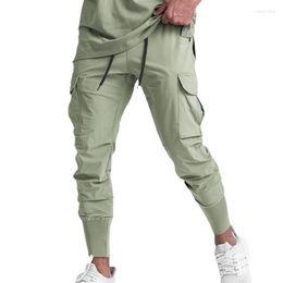 Men's Pants Summer Fashion American Casual Trend Large Size Ice Fabric Solid Colour Multi-Pocket Drawstring Mouth Sports