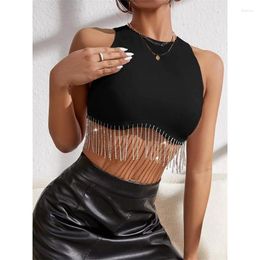 Women's Tanks 2023 Rhinestone Tasselled Summer Crop Tops Women Chic Sleeveless Crew Neck Tank Club Party Streetwear Sexy Vest