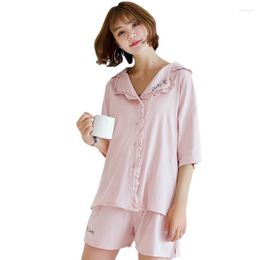 Women's Sleepwear Summer Cotton Printing Pajamas Loungewear Women Turn-down Collar Korean Thin Short-sleeved Cardigan Womens Pajama Set