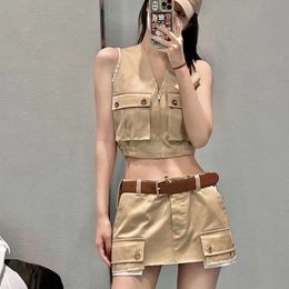 Street Style Women Vest Skirt Sleeveless V Neck Vest Coat Belt Short Skirt Fashion Casual Jacket Skirt Set